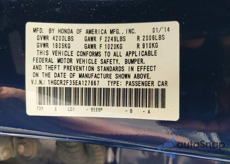 2014 Honda Accord Lx из США, поврежденный, VIN 1HGCR2F35EA127667